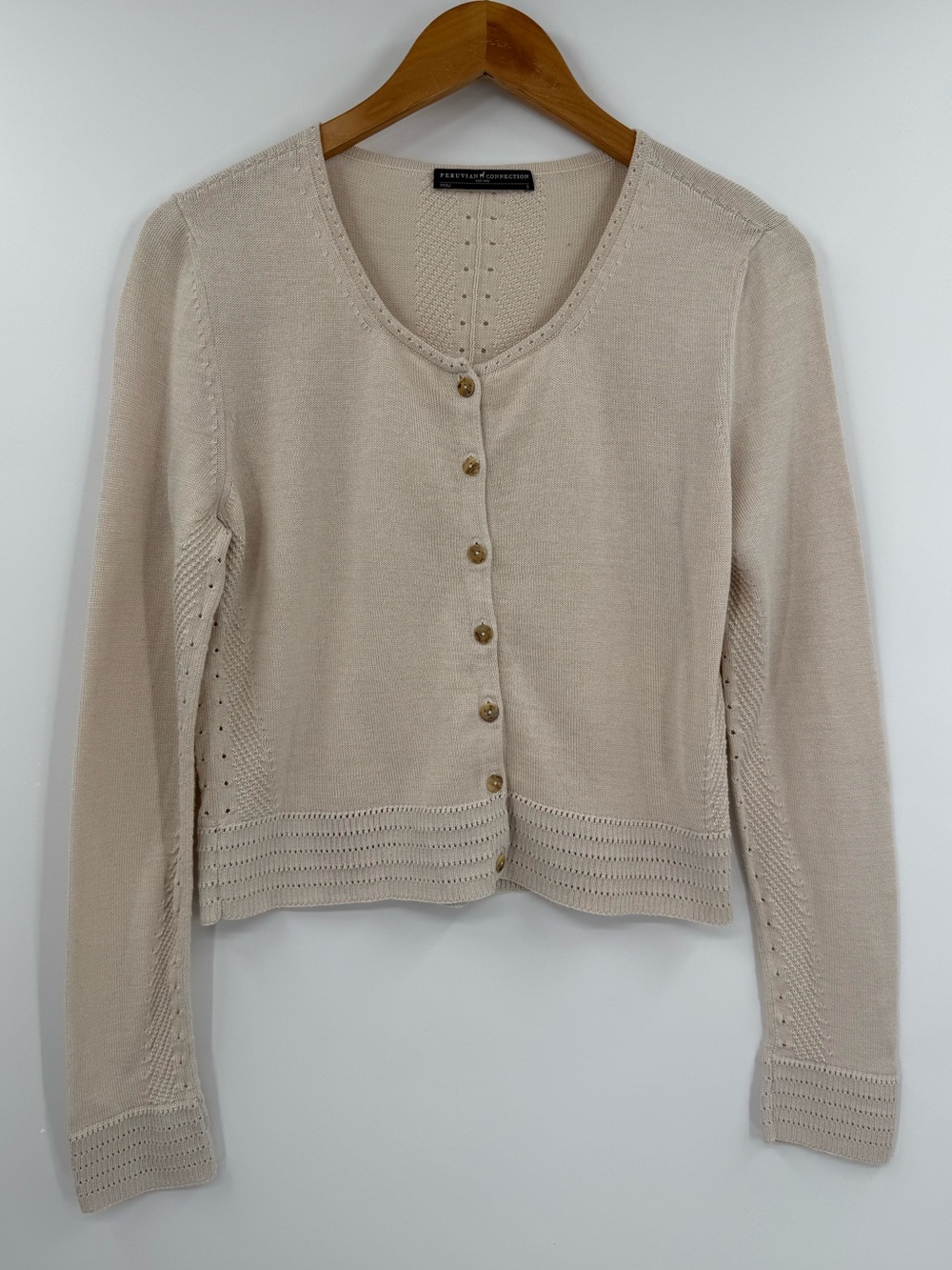 Peruvian Connection 100% Pima Cotton Pointelle Cardigan | Cream | Small